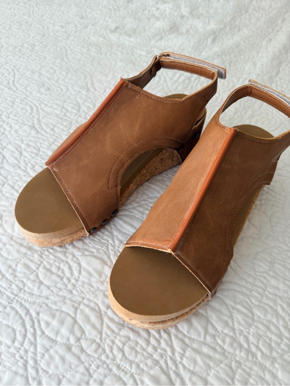 Brown Tan Cork Wedge Sandals with Back Strap